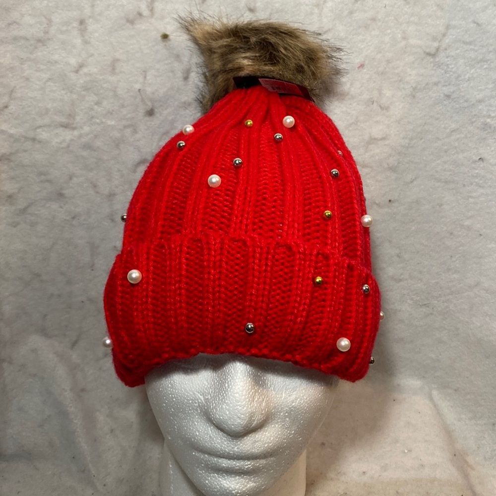 Warm And Snug Red Knit Pearl And Beaded Beanie